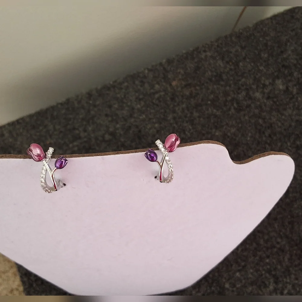 💥SALE💥NEW Tulip Rhinestone 925 Silver Earrings - Picture 3 of 5